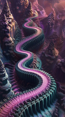 Fototapeta premium Abstract digital 3D fractal landscape, towering structures formed by repeating patterns, deep valleys and spirals, glowing edges, otherworldly and surreal terrain, vibrant color palette