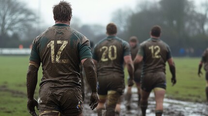 A muddy rugby field after a rainy match, with players walking off the field, jerseys stained and faces showing fatigue and satisfaction