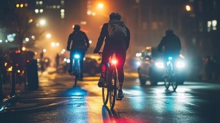 A nighttime city bike tour, with cyclists illuminated by bike lights and the urban environment lit up around them