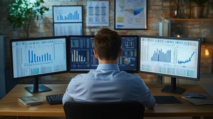 A business analyst examining detailed financial reports on multiple monitors, visualizing data trends and key performance indicators for strategic decision-making