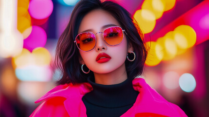 Fototapeta premium Stylish woman with short dark hair, wearing reflective sunglasses and a pink jacket on bokeh background 