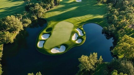 An aerial view of a challenging par 5 hole, showing the layout of the fairway, bunkers, and water hazards that make it a test of skill