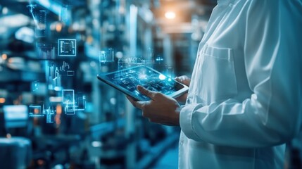 A business manager on a factory floor using a tablet to check inventory levels and production schedules, ensuring operational efficiency