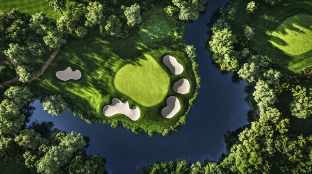 An aerial view of a challenging par 5 hole, showing the layout of the fairway, bunkers, and water hazards that make it a test of skill