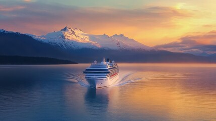 A cruise ship navigating calm waters with snow-capped mountains at sunset.