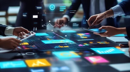 A business meeting focused on marketing strategies, with professionals discussing over a table filled with campaign materials and digital devices