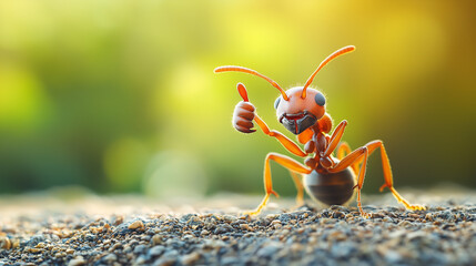 An ant making a thumbs-up gesture with one of its leg