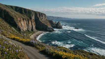 Scenic coastal landscape with cliffs and flowers under a blue sky