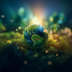 A blue and green globe sits atop green foliage with a bright light shining from above.