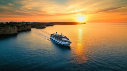 Naklejka premium A cruise ship sailing at sunset near cliffs, reflecting serene waters and vibrant skies.