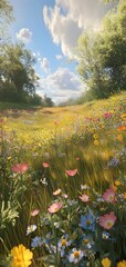 Obraz premium 67. **A vibrant spring meadow with wildflowers, tall grasses, and a sunny, clear sky.