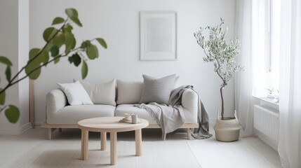 Scandinavian Minimalist Living Room with Light Wood Flooring and Gray Sofa
