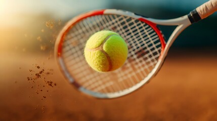 A close-up of a tennis racket hitting a ball on an outdoor court, capturing the dynamic motion and energy of the game.