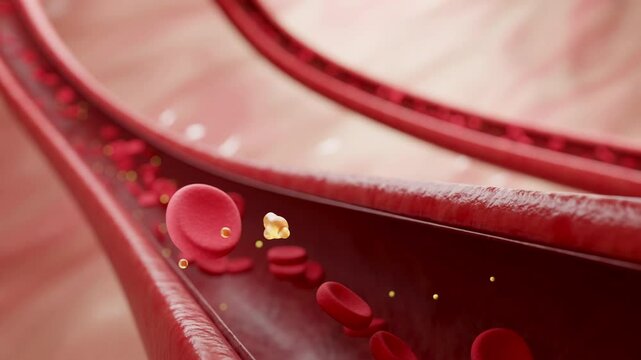 Cholesterol or fatty acid in artery with blood cells representing nutrients