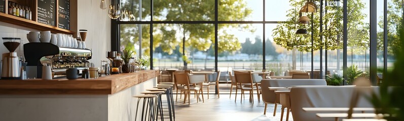 Fototapeta premium 10. **A modern cafe with contemporary furnishings, a coffee bar, and a light, airy atmosphere. The background is clear and uncluttered.