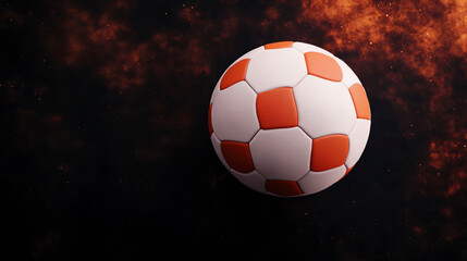 Naklejka premium A vibrant soccer ball with orange and white panels, set against a dramatic background, perfect for sports-themed designs.