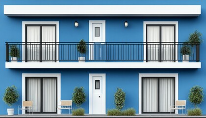 Fototapeta premium Two-story blue building with balconies, windows, and doors
