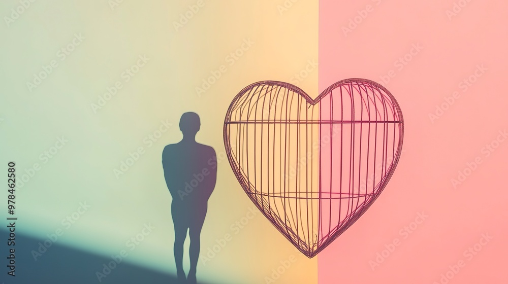 Sticker Person standing inside a heart-shaped cage casting a shadow on a pastel background