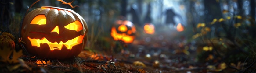 Spooky Halloween pumpkins glowing in a dark forest, creating a hauntingly eerie atmosphere as shadows lurk in the background.