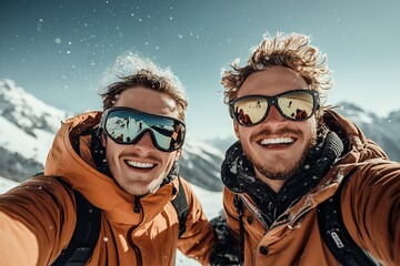 Closeup of couple of two guys taking a photo from their snowboard. World Snowboard Day.