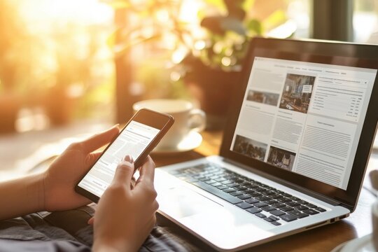 Person reading news on smartphone and laptop - Powered by Adobe