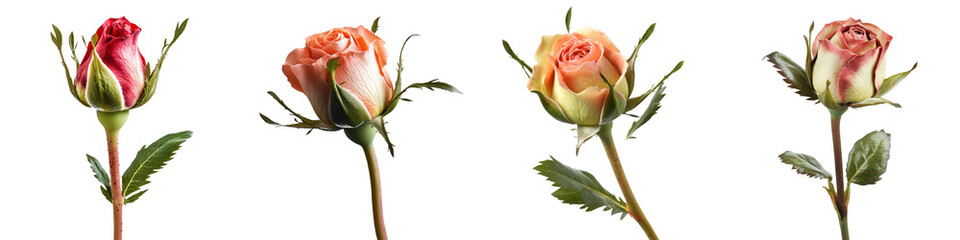 Obraz premium Close up of beautiful and colorful rose buds and blooming flowers on green stems with leaves Romantic elegant and vibrant floral background or
