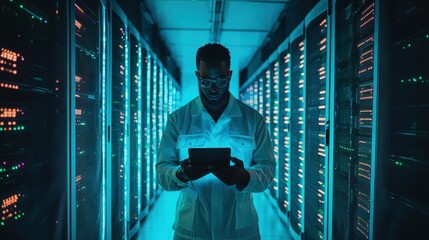IT Professional Silhouetted in a Futuristic Server Room with Glowing Blue Lights and Displays
