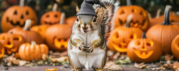 Squirrel wearing a tiny wizard hat in a forest full of carved pumpkins, wizard squirrel, magical forest scene