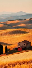Fototapeta premium 58. **A tranquil rural landscape with a cozy farmhouse, golden fields, and rolling hills in the distance.