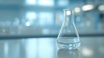 Lead Levels: Close-up of glass beaker with clear liquid and floating indicator showing high lead levels, set on white countertop with copy space for text or design.