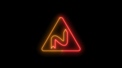 triangle road sign. neon and glowing road sign icon on black background.