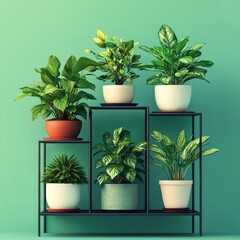 Fototapeta premium Green Plants on a Black Shelf Against a Green Wall 3D Illustration
