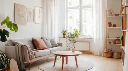 Scandinavian Minimalist Living Room with Light Wood Flooring and Gray Sofa