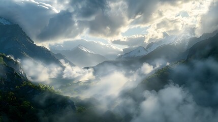 A serene mountain valley blanketed in heavy mist, with clouds hovering above, diffusing the sunlight and casting a soft, ethereal glow over the scene.