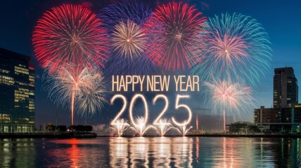 Fireworks celebrating Happy New Year 2025 with reflections lighting up the sky