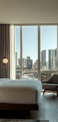 Fototapeta premium 50. **A chic boutique hotel room with modern furnishings, large windows, and a city skyline view.