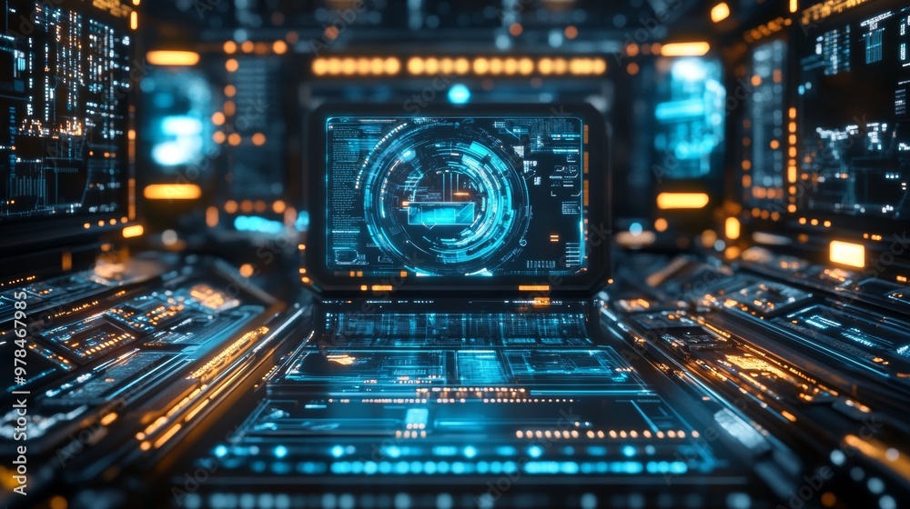Aufkleber futuristic tech with holographic displays and interactive elements