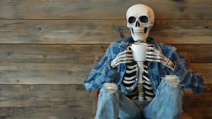 A skeleton dressed in a blue flannel shirt and ripped jeans, sipping on a hot coffee from a white ceramic mug. The background features a rustic wooden texture.


