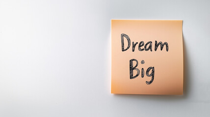 Sticky Note: A single peach-colored sticky note with the words "Dream Big" written in simple, clear handwriting. The sticky note is on a plain white background, encouraging ambition and optimism.


