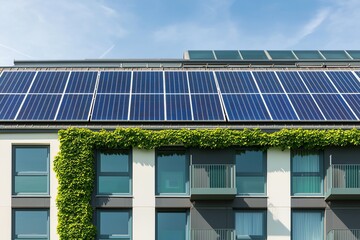 Fototapeta premium Smart green building covered in solar panels, thermostatic systems adjusting internal climate, renewable energy, concept