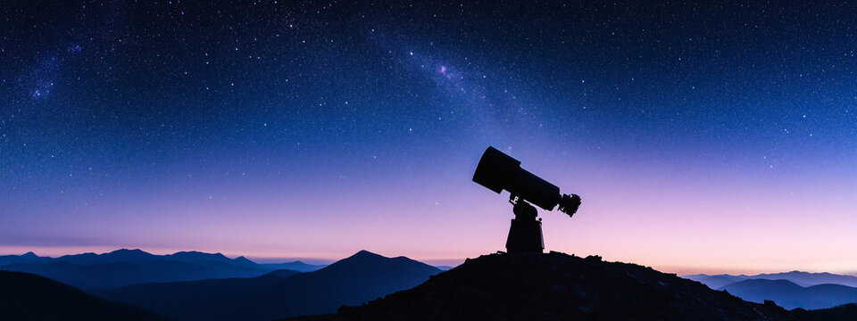  A large telescope on a remote mountain under a starry night sky, pointing towards the cosmos.,concept of space, cosmic science, banner for world space day - Powered by Adobe