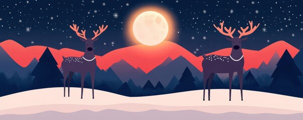 Obraz premium Christmas Eve scene with reindeer and glowing moon, festive night, flat design illustration
