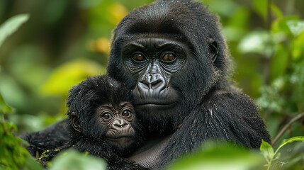 Obraz premium Close-up portrait of a mother gorilla with her baby in a natural habitat, intimate wildlife photography capturing the bond between the animals.
