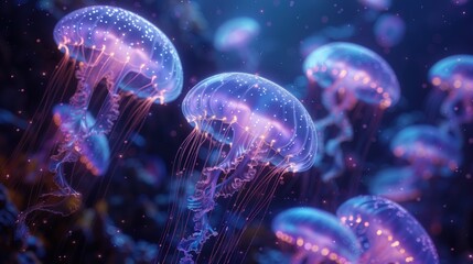 A group of bioluminescent jellyfish swim in the deep blue ocean. Their translucent bodies glow with a vibrant pink and purple light, creating a mesmerizing underwater scene.