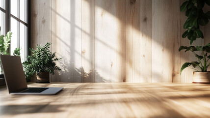 Natural light floods a cozy workspace with plants and a laptop on a wooden desk in the afternoon
