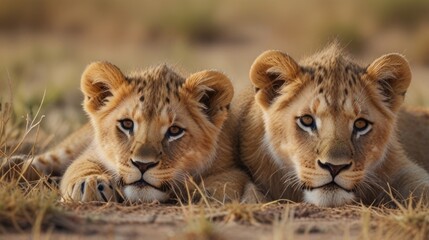 Two little cub lions lying on the ground in the savannah