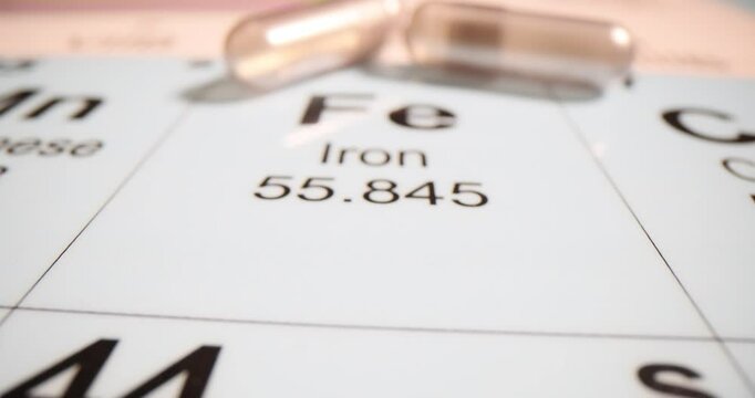 Closeup of periodic table element iron and tablets