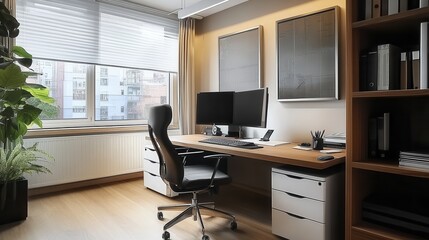 Fototapeta premium Modern office with elegant design, featuring a desk, dual monitors, and plants, ideal for productivity and creativity.