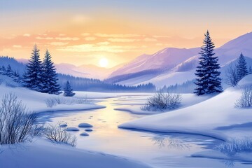 Serene winter landscape featuring snow-covered mountains, tranquil river, and pine trees under a colorful sunrise.