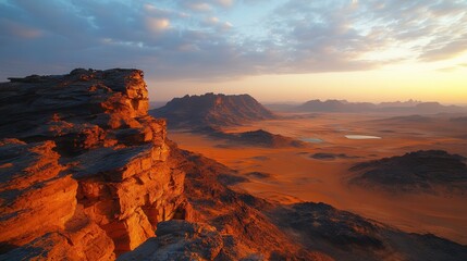Fototapeta premium Stunning desert landscape at sunset, showcasing dramatic rock formations and vast sandy plains under a colorful sky.